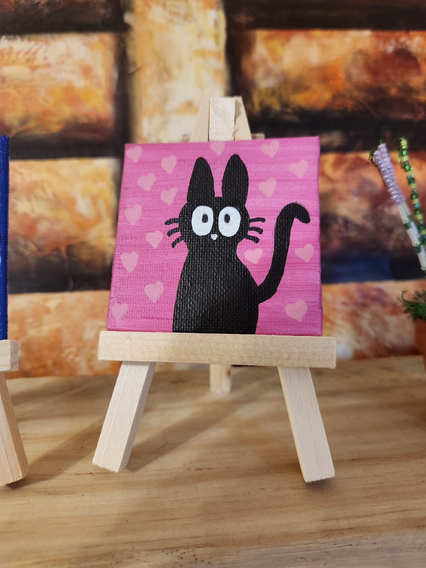 Mini Canvas: Wide Eyed Cat (Pink)